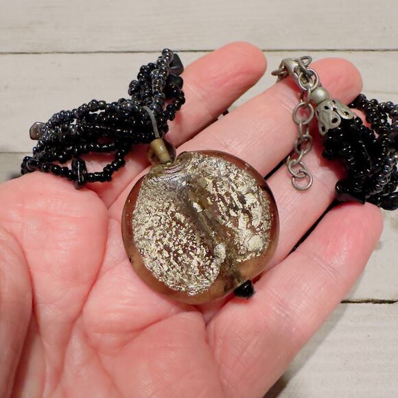 Vintage Black Multi-Strand Seed Bead Necklace with Crackle Glass Disc Pendant - Picture 6 of 6